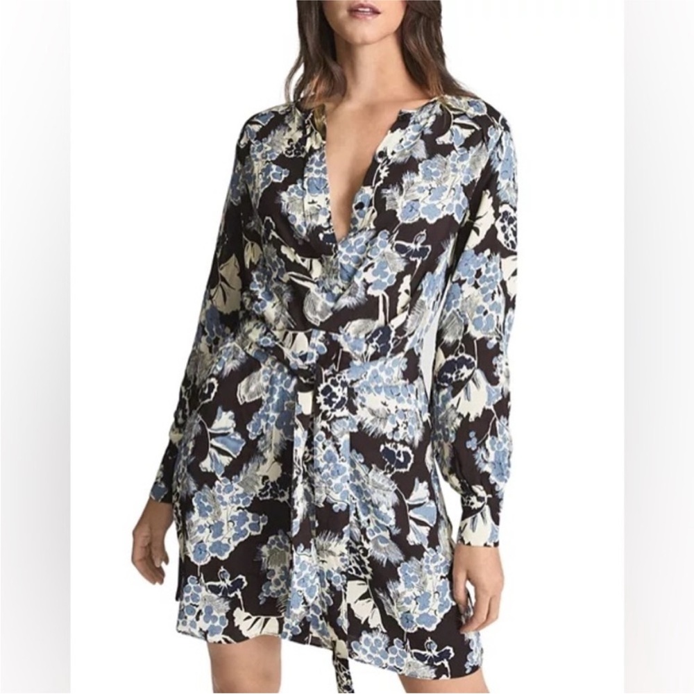 Reiss Black Floral Mini Dress with Blue and Cream Print